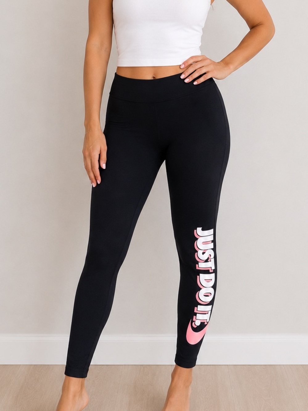 Nike Just Do It Leggings – Women's XL – Black with Pink Graphic